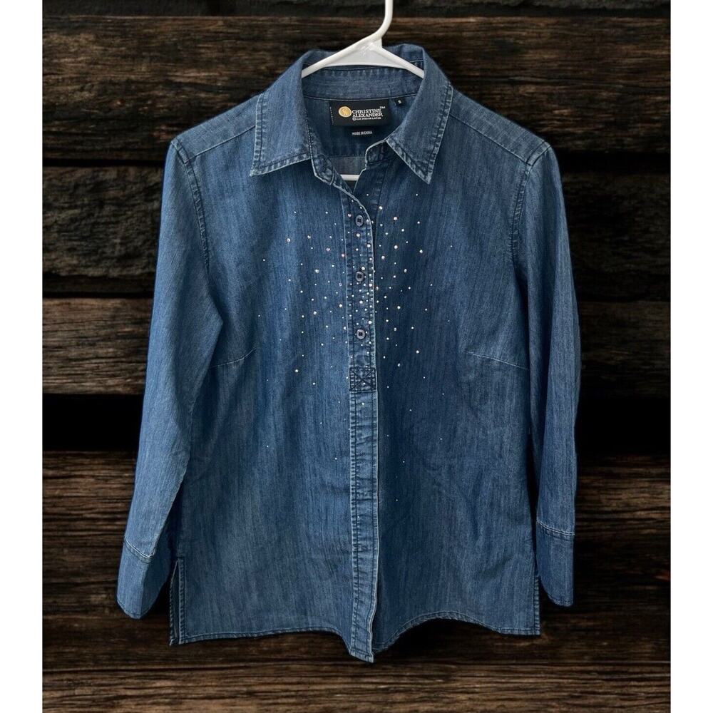 Vintage‎ Christine Alexander Size Small Blue Denim Rhinestone Studded Shirt Top